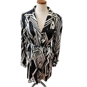 Jones New York Silk Blend Belted Trench Coat Black White Abstract Print L
